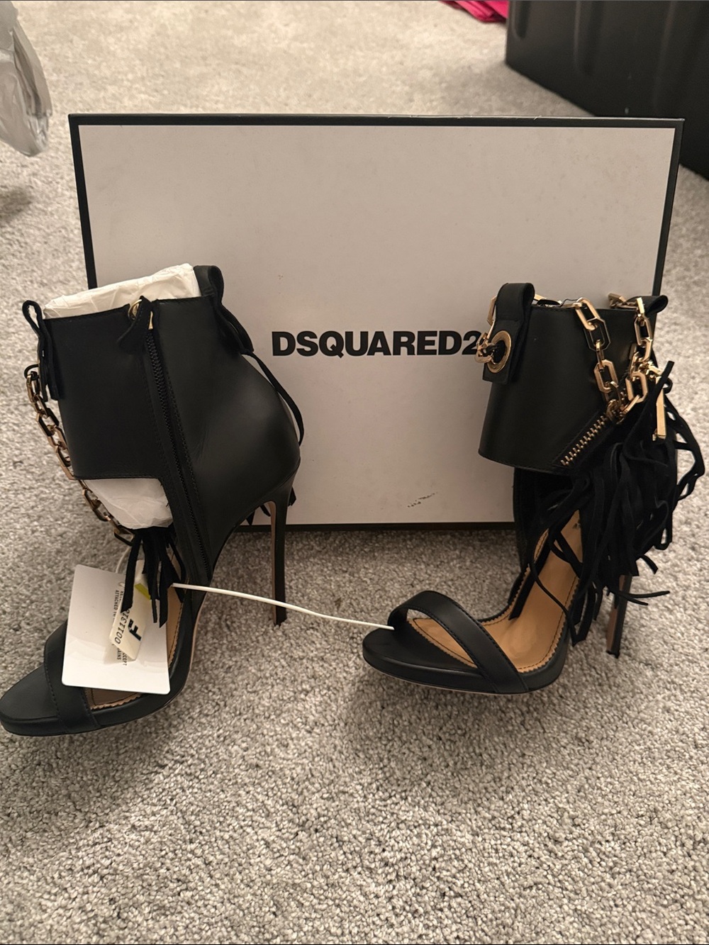 DSQUARED2 Black Leather Fringe & Chain Stiletto Sandals